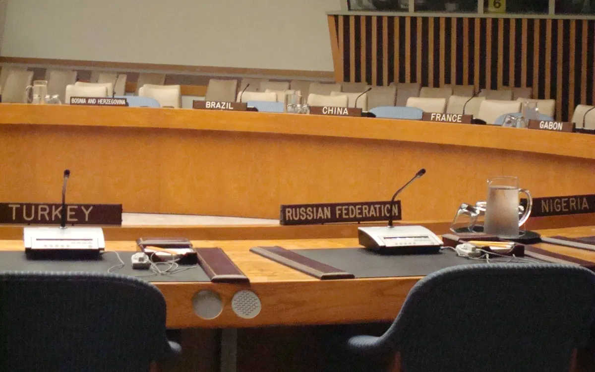 Nameplates for Turkey and the Russian Federation on the curved table of the UN Security Council chamber